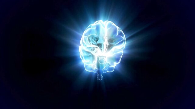 Glowing blue brain illustration with light emanating from within, symbolizing thought and consciousness