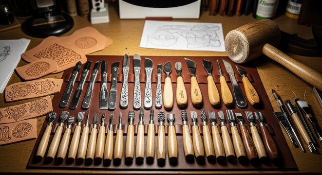 Extensive collection of intricate leather carving tools and accessories for detailed craftwork