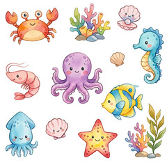 Obraz premium A cute collection of cartoon sea animals including fish, octopus, turtle, whale, dolphin, crab, starfish, and jellyfish in a colorful underwater ocean scene