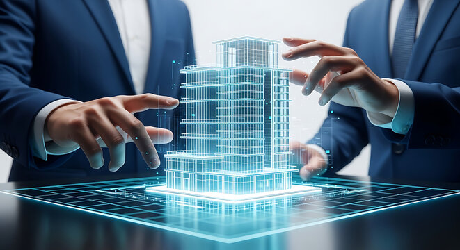 Business professionals interacting with 3d architectural model on digital interface