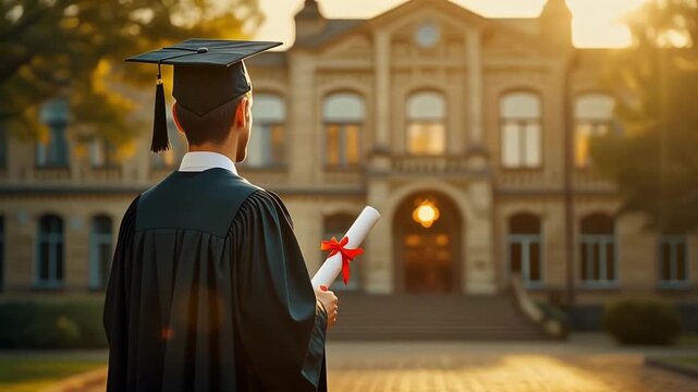 Young graduate in cap and gown holding diploma outside historic university building at sunset