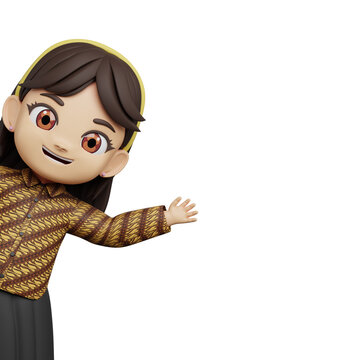 Playful 3D cartoon girl character in a brown batik uniform peeking curiously from the side of the frame with a smile.