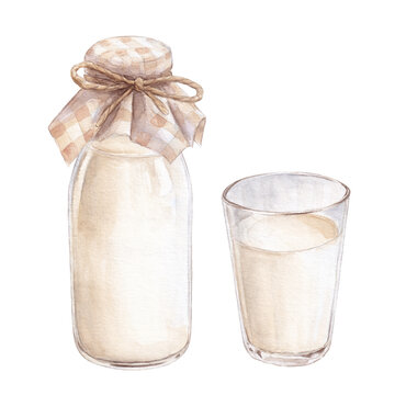 Watercolor glass bottle of milk with checkered fabric on top and glass in rustic style