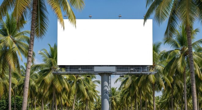 A large blank billboard frame surrounded by lush palm trees, ready for advertising messages.