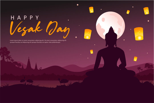 Peaceful Vesak Day 2026 illustration with Buddha meditation silhouette, glowing lanterns, and moonlit landscape. Best for banners, posters, background, greeting, and spiritual themes. 