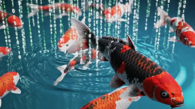 Vibrant Koi Fish Swimming in Digital Rain