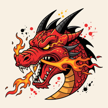 Dragon head with fire breath fierce.