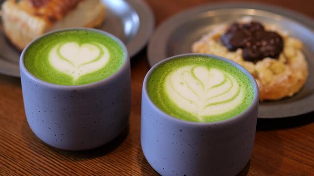 Freshly made matcha green tea lattes resting on a wooden cafe table next to pastries. The vibrant green beverages feature beautiful steamed milk foam art in modern ceramic mugs for a morning treat