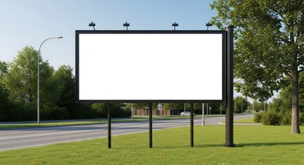 Obraz premium Blank billboard frame on a roadside in a suburban setting with green grass and trees