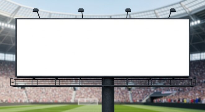 Blank billboard frame in a sports stadium with blurred crowd and field, ready for advertising.