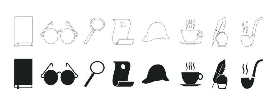 Detective solid outline icons. Detective investigator magnifying glass silhouette  set. Incognito icon set. Anonymous spy agent, private detective character in disguise with hat, vector illustration.