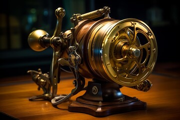 Fototapeta premium Steampunk mechanical device crafted from brass and wood, displaying intricate gearwork