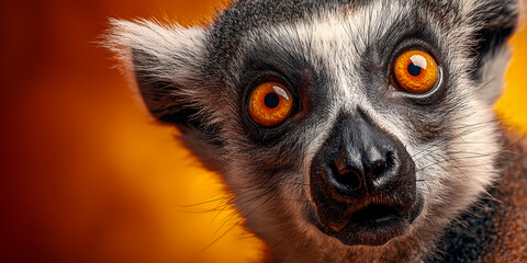 Fototapeta premium close up portrait of shocked lemur with wide orange eyes in electric yellow light