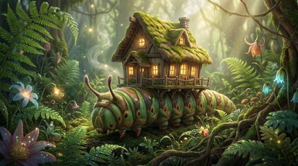 Naklejka premium Whimsical forest scene with caterpillar house and glowing flowers