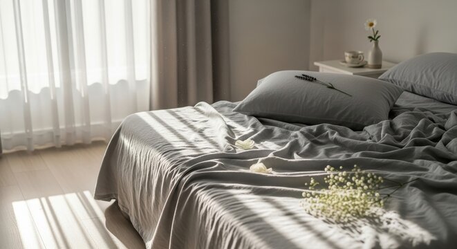 Meticulously arranged soft grey linen sheets on a queen bed bathed in gentle sunlight, evoking comfort and tranquility.