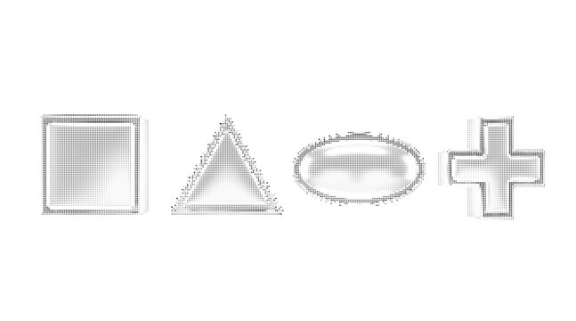 Metallic silver geometric shapes set, glossy chrome square triangle oval and cross icons, 3d glass effect vector elements for modern UI design