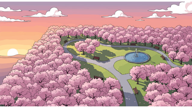 Spring Park Cherry Blossom Scenery, Outdoor Recreation Path, Fountain Landscape