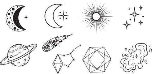 Hand Drawn Celestial Space Elements Set with Crescent Moon Stars Planet and Constellation Icons © Masuda
