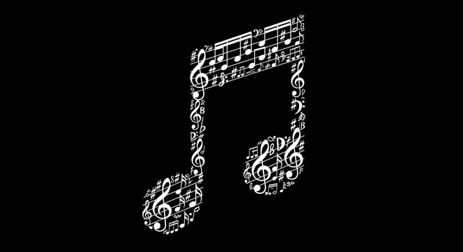 Large Musical Note Made of Small Treble Clefs and Notes on Black Background