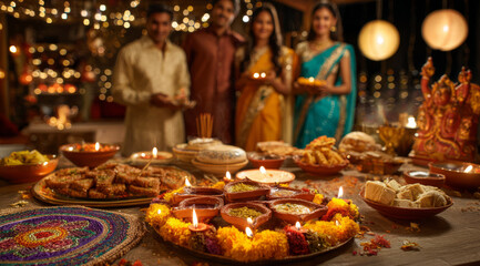 Fototapeta premium Happy Diwali celebration with family and delicious food