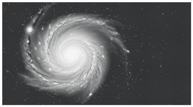 Monochrome spiral galaxy vector illustration, cosmic space background with swirling stars, black and white celestial nebula for astronomical design