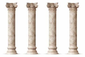 Naklejka premium Four ancient ionic marble columns featuring classical architectural details on a white background