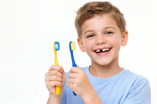 Smiling Child Holding Toothbrushes for Dental Care