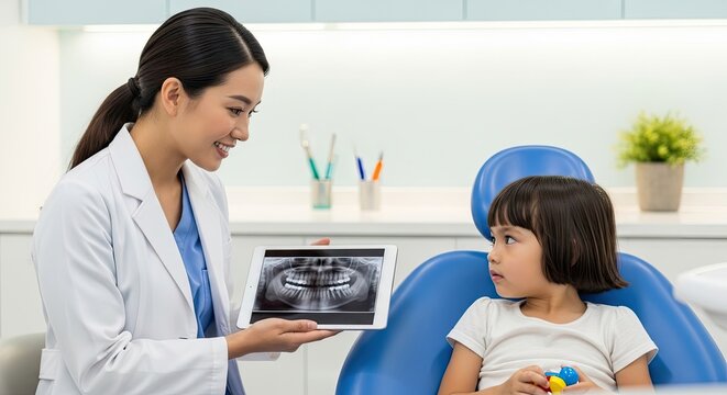 A friendly dentist is explaining an X-ray image to a young girl in a dental office. The dentist, a young Asian woman with dark hair pulled back, is smiling and pointing at the tablet screen.
