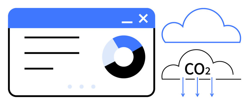 Environmental sustainability, CO2 emissions, carbon tracking, cloud computing, data analysis, technology. A digital window showing a pie chart and CO2 cloud symbol. Environmental sustainability