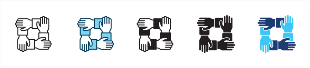 Obraz premium Four hands holding each other's arms icon set. Icon symbol usable for: unity, teamwork, support, solidarity, cooperation, connection, togetherness, partnership, community. Vector illustration