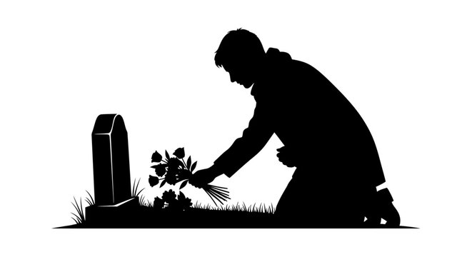 silhouette of man kneeling and placing flowers on grave