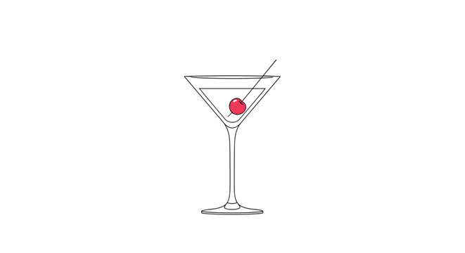Elegant line drawing of a classic martini cocktail glass with a single red cherry on a toothpick for a sophisticated nightlife and bar menu.