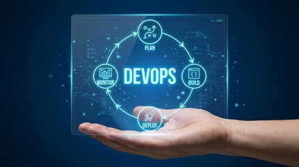 Obraz premium Devops concept with hand holding transparent screen