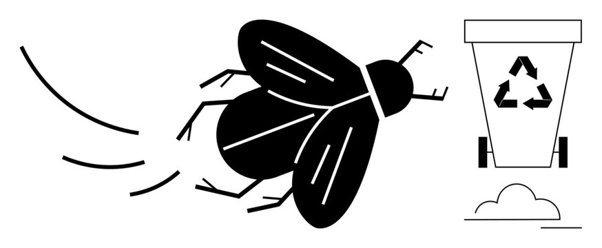 Environmental awareness, waste management, recycling, pests, pollution, sustainability. Black fly silhouette flying near a recycling bin and dust cloud. Environmental awareness and waste management