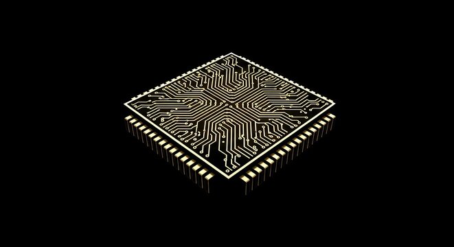 Close up of a computer chip with intricate circuitry, representing advanced technology and digital innovation