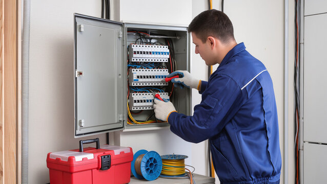 electrician at work,
Electrician inspects main circuit breaker panel.
Technician wearing blue uniform and gloves.
Red toolbox sits near electrical equipment.
Worker using red voltage testing tools.