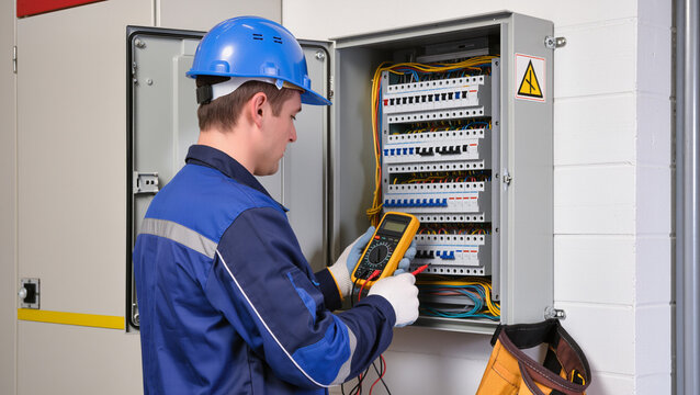 electrician at work,
Technician inspects industrial electrical panel.
Maintenance worker in blue uniform.
Professional repair of circuit breakers.
Skillful adjustment of electrical components,