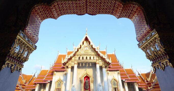 Wat Benchamabophit the Marble Temple sunset light the impressive and orderly traditional Thai architecture. Bangkok Thailand