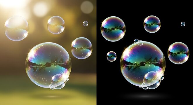 Realistic, iridescent soap bubbles floating against green bokeh & black backgrounds