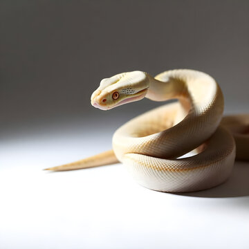 "Leucistic ball python coiled on a white surface with dramatic side lighting"
