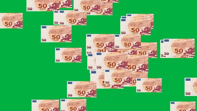 Scattered 50 euro banknotes moving pattern on green screen.
Animated currency background with fifty euro bills falling and shifting.