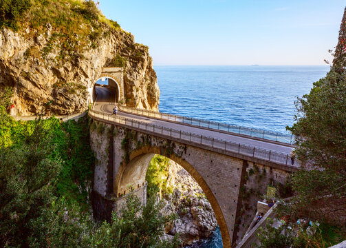 Famous picturesque winding  road of Amalfi coast, Campania, Italy.  Fiordo di Furore bridge.
