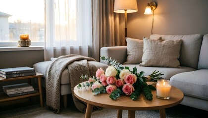 Fototapeta premium cozy modern living room interiors with a sofa, roses, a candle, and warm natural window light