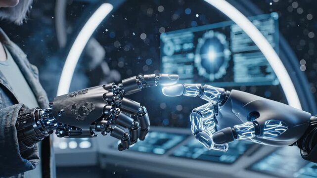 Woman with robotic prosthetic hand touches android robot arm in futuristic control room with holographic interface display. Human cyborg collaboration with bionic hands reaching together in futuristic