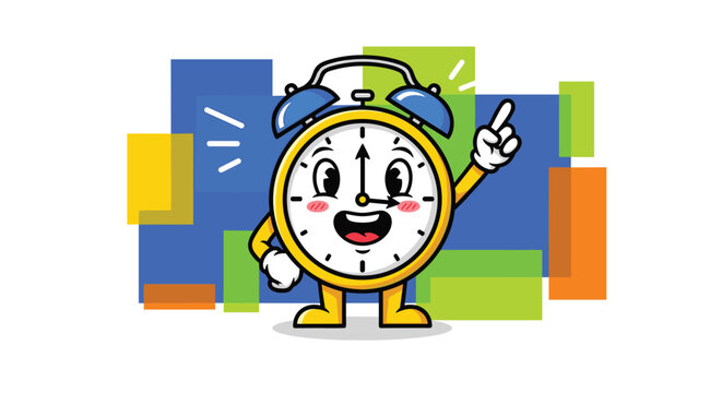 Cheerful cartoon alarm clock character with a happy face and arms pointing upwards against a colorful geometric background of bright shapes.