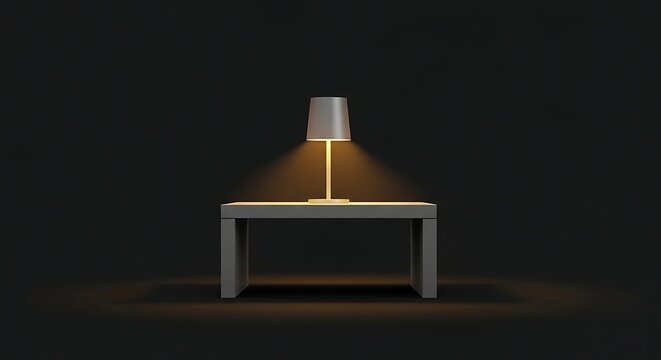 modern minimalist desk lamp glowing on sleek wooden table in dark room
