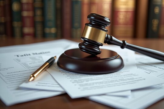 Close-up of gavel on stack of legal documents in law office