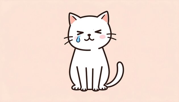 Adorable, cartoon-style white cat with a single tear on a simple pastel background