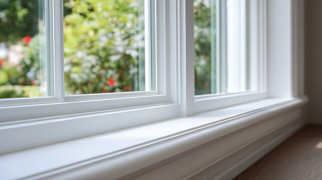 Close up of a clean white window sill with a blurred garden view.