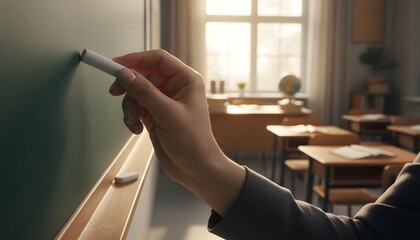 Obraz premium Close-up of a teacher holding chalk while writing on a green chalkboard in a classroom for World Teachers' Day concept, representing education, knowledge, and school learning